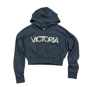 Victoria Sport Cropped Hoodie Sparkle Rhinestone Logo Grey‎ Long Sleeve Womens M